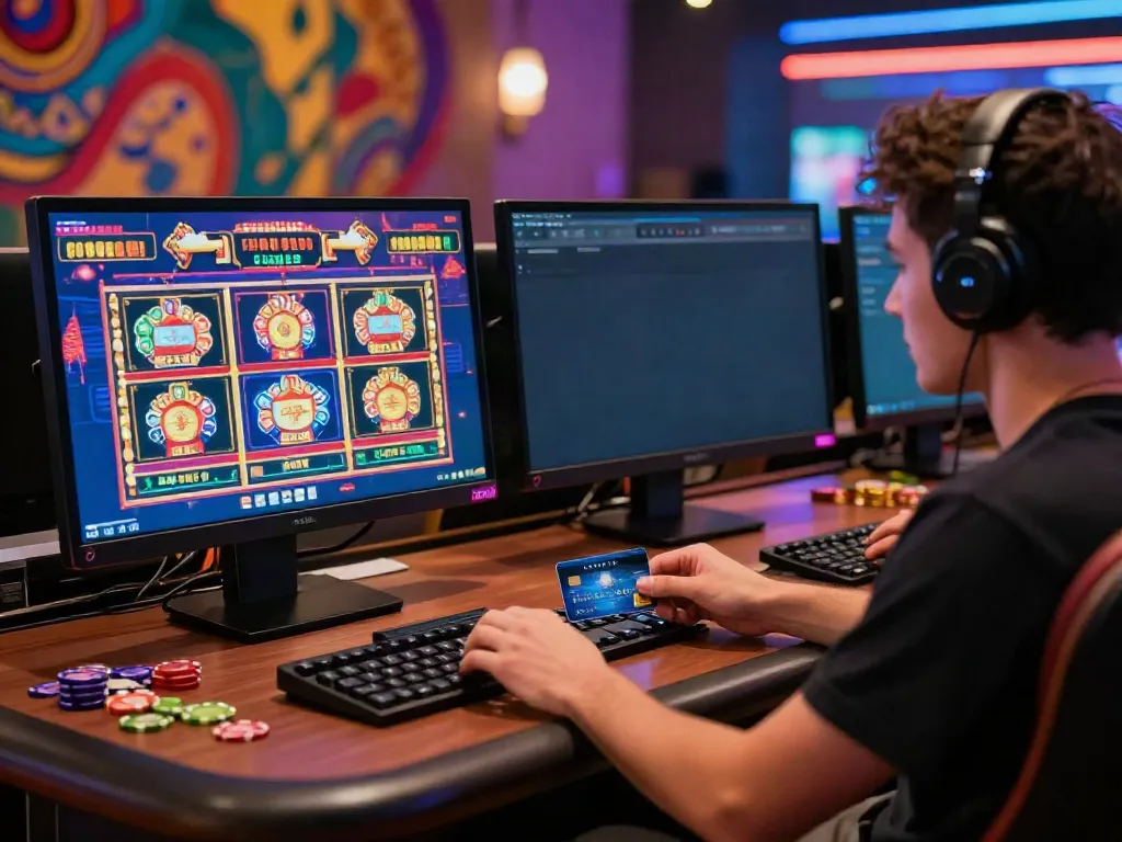 Engaged player enjoying credit card casinos UK gameplay with vibrant graphics and promotions.