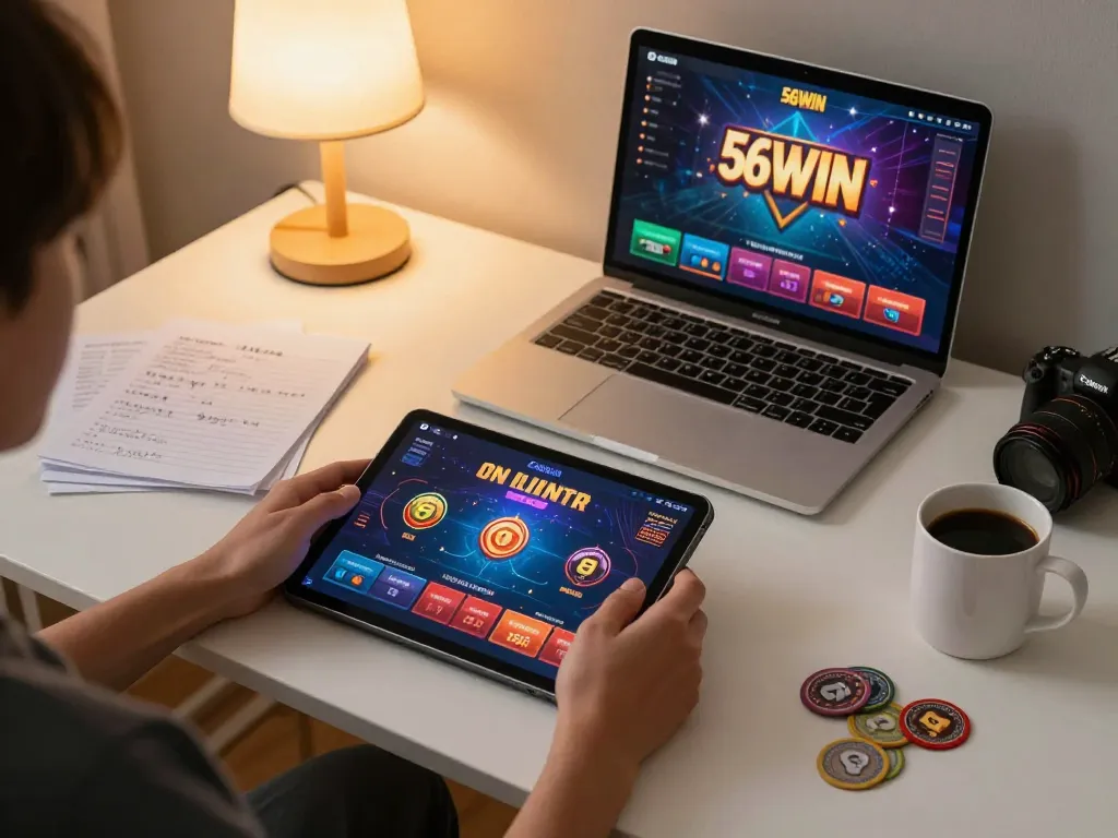 Player engaging in strategic gaming on 56WIN app at home setup.