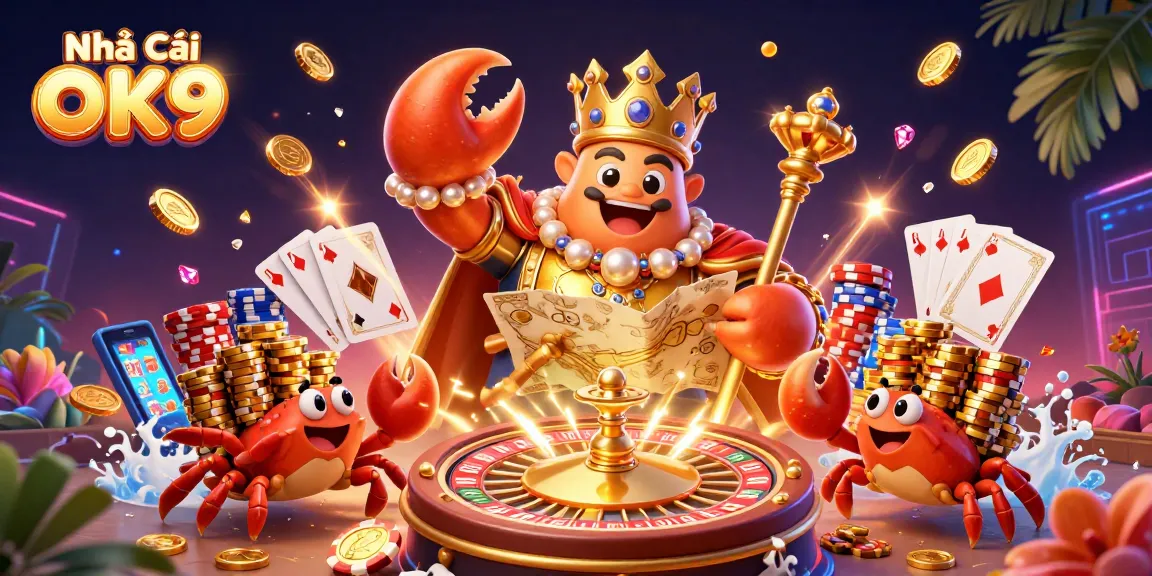 Engage with Nhà Cái OK9's gaming empire featuring a golden crab emperor surrounded by treasure and excitement.