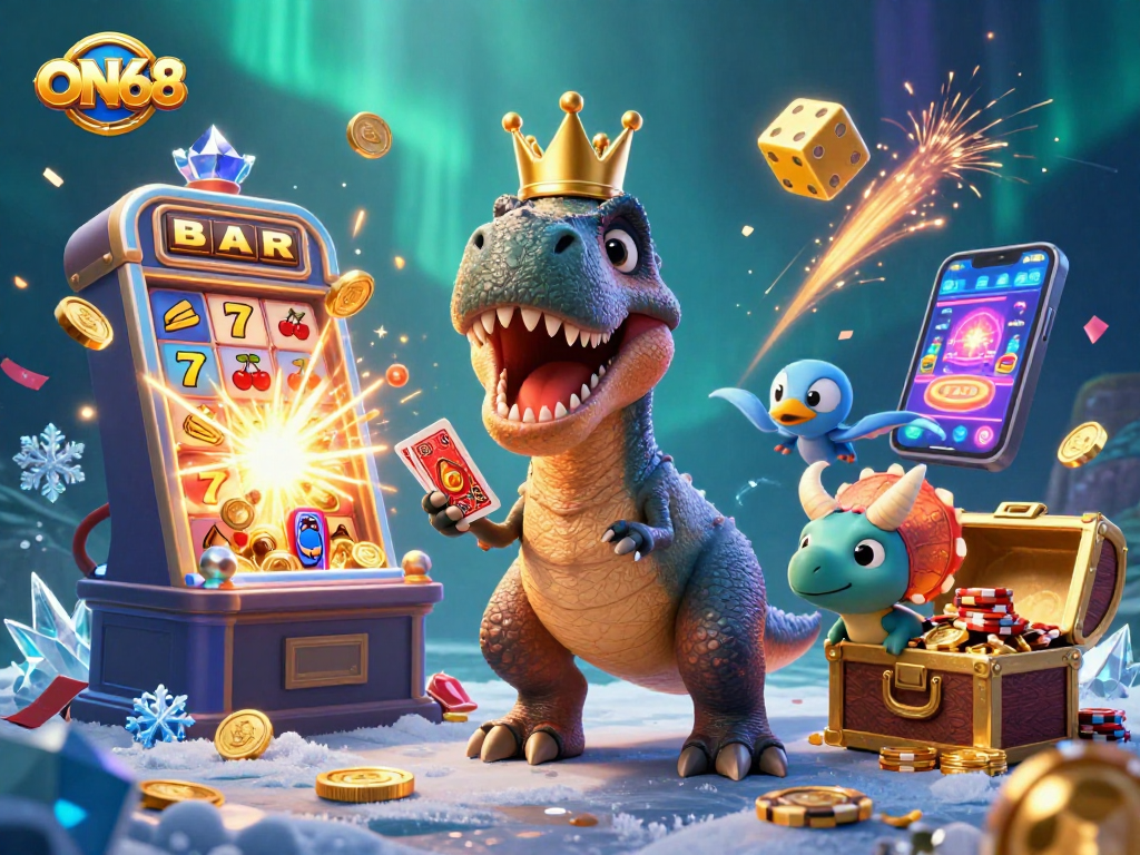 Engage with ON68's vibrant world as T-Rex plays cards, while treasures and jackpots burst around.