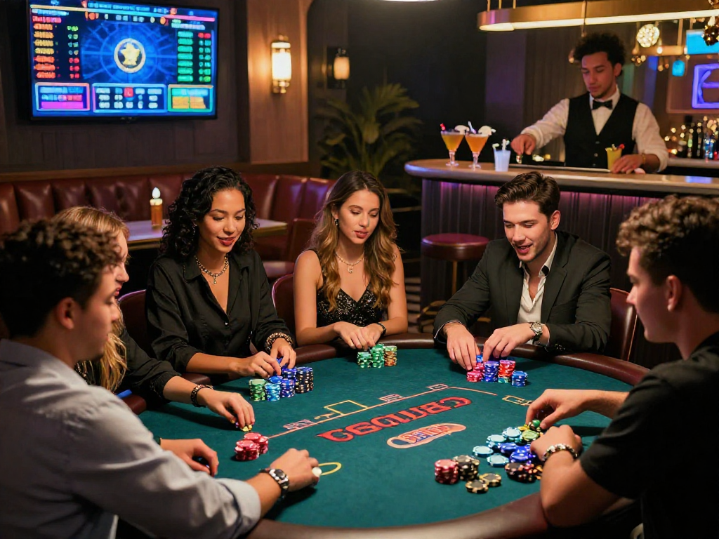 Exciting crypto casino atmosphere with friends at a poker table, illuminated setting showcases modern gaming.