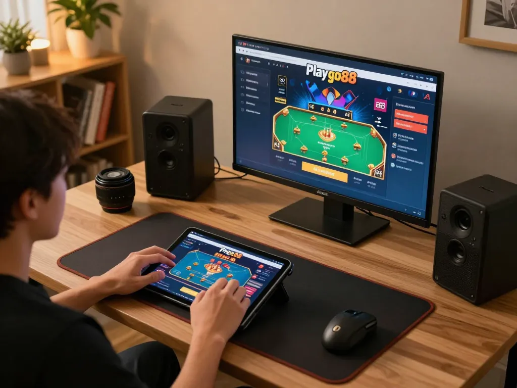 Engaging in the play go88 platform for exciting online gaming at home with a tablet.