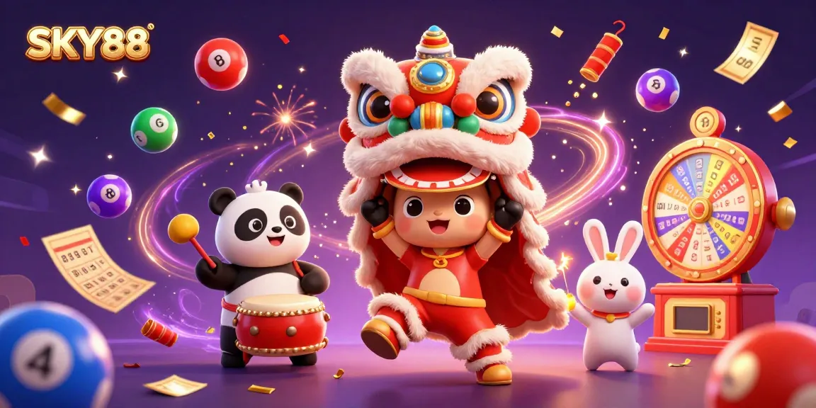 Experience the excitement of SKY88 with a vibrant 3D illustration of a festive lion dance and dynamic casino elements.