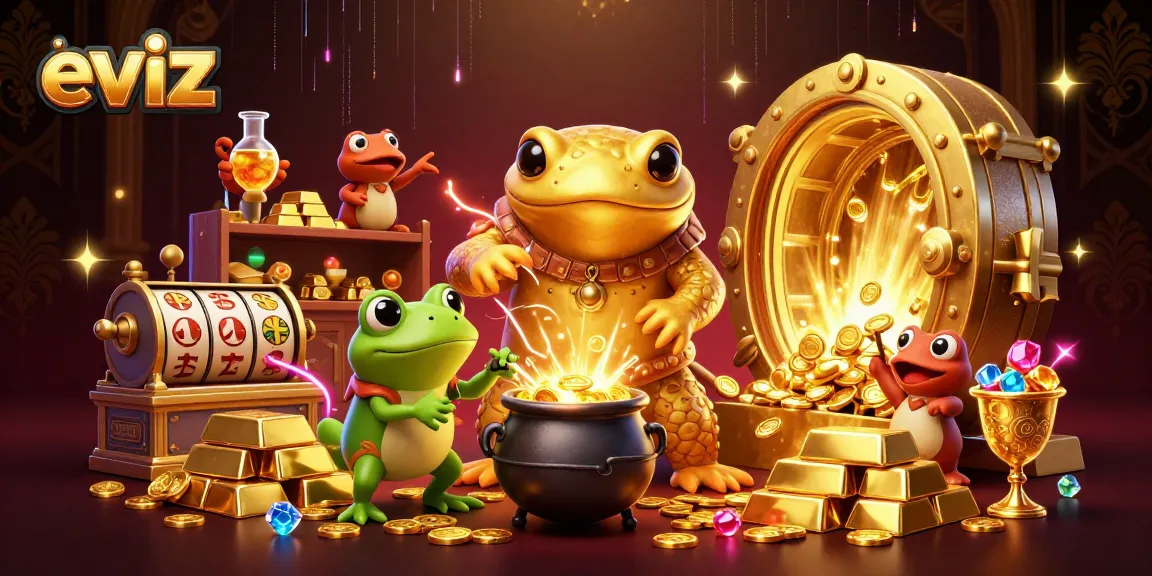 Join the gaming excitement at eviz casinos with vibrant illustrations of alchemical winnings and golden treasures.