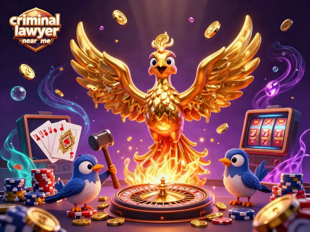 Engaging 3D illustration showcasing a golden phoenix and sparrow assistants amid cascading coins, representing the concept of criminal lawyer near me in a vibrant casino setting.