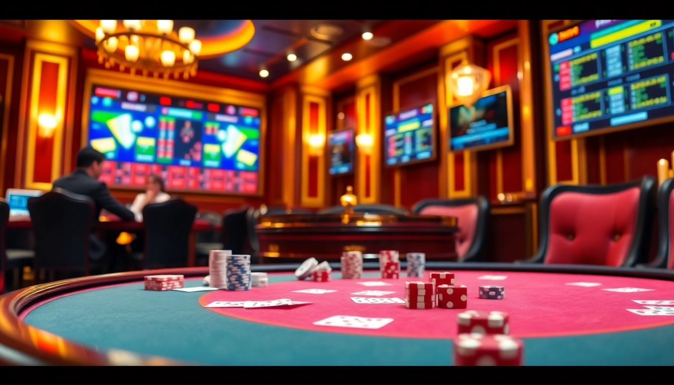 Experience the excitement of f8bet trang chủ in a vibrant casino scene featuring poker games and roulette.