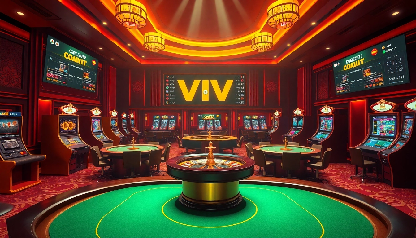 Experience the thrill of 888VND VIP with an elegant casino scene featuring high-stakes tables and luxurious game elements.
