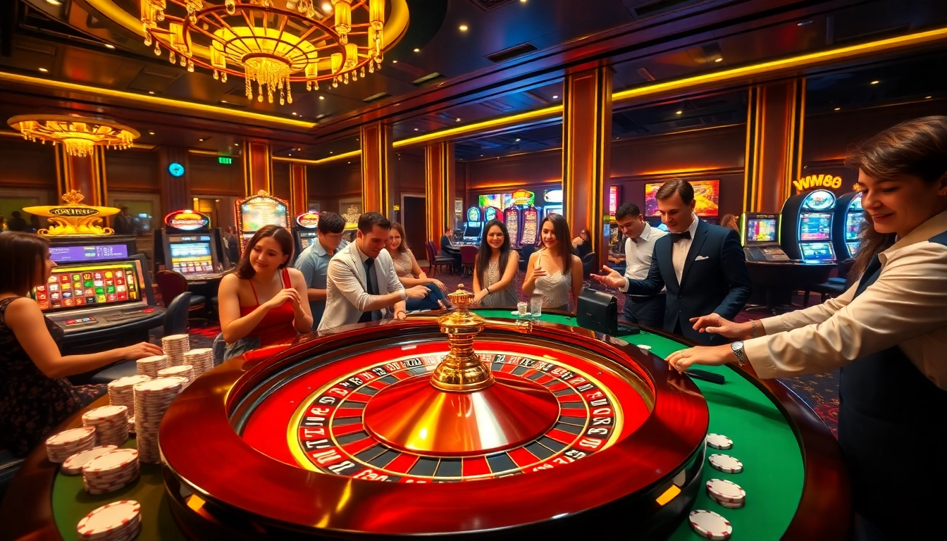 Excited players engage at the ww88 roulette table amidst a vibrant casino atmosphere.