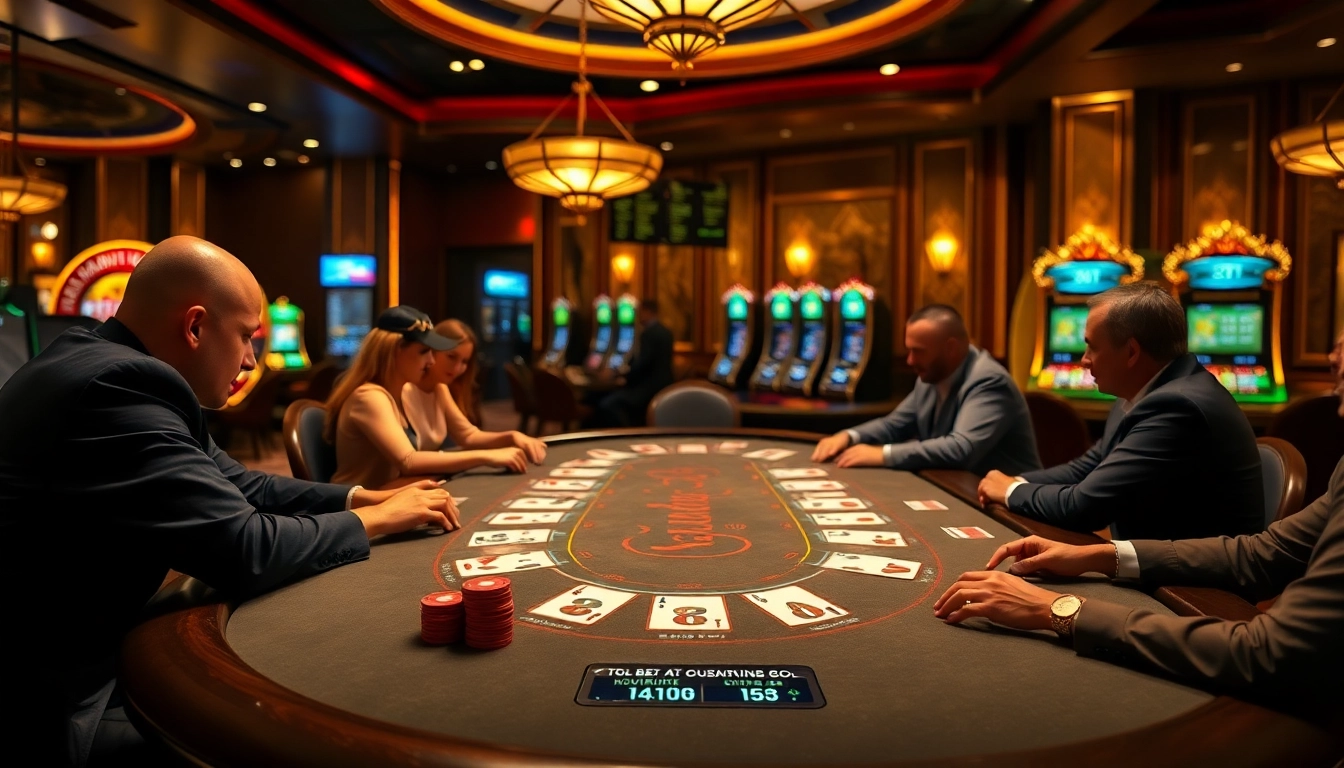 Experience the thrill of 21 BET at a luxurious blackjack table with engaged players and vibrant casino scenery.