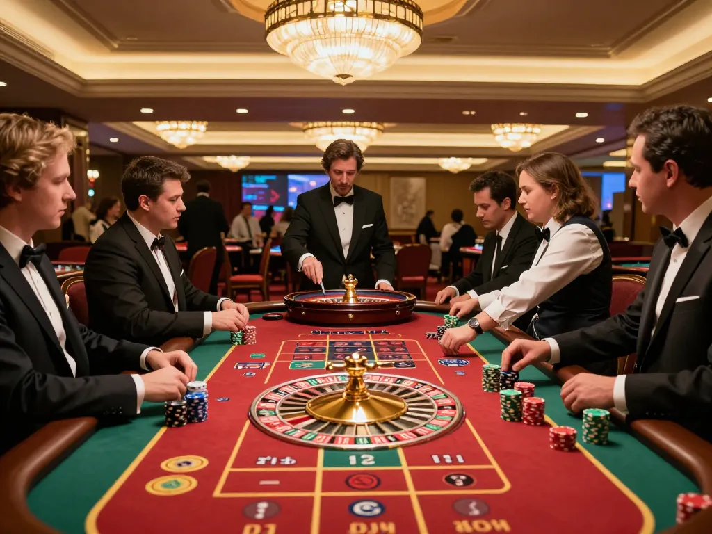 Participants placing bets at a sun win roulette table in a luxurious casino setting.