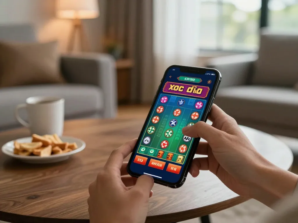 xóc đĩa online gameplay on mobile, engaging betting options displayed in a cozy home setting