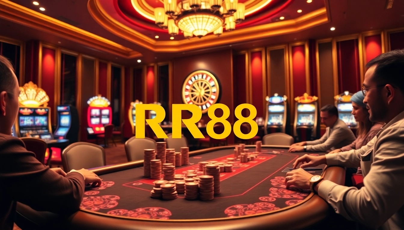 RR88 gamblers enjoying an exciting poker game in a luxurious casino environment