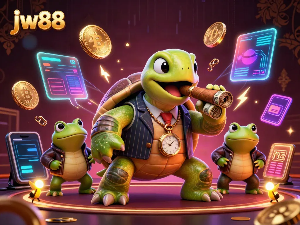 Experience thrilling moments at jw88 with a vibrant casino scene filled with characters and crypto elements.