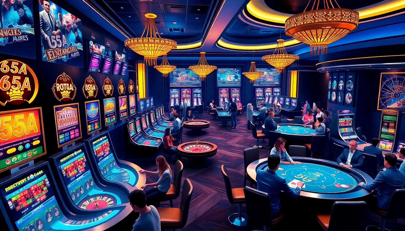 Players enjoying an engaging experience on the 65A casino platform, featuring vibrant slot machines and live tables.