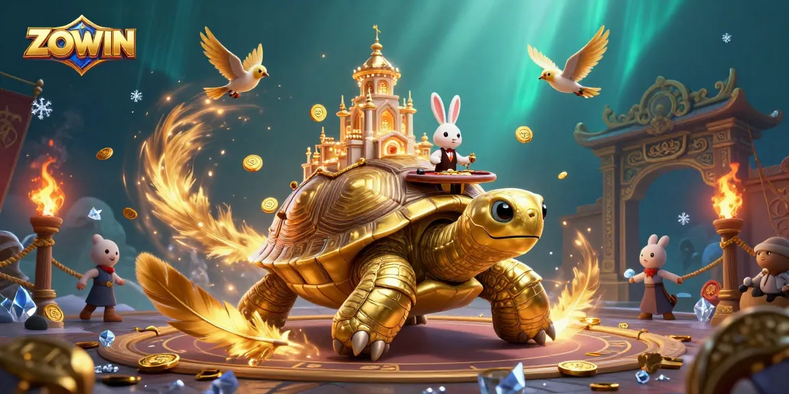 ZOWIN showcases an epic poker scene with a golden tortoise and vibrant game elements.