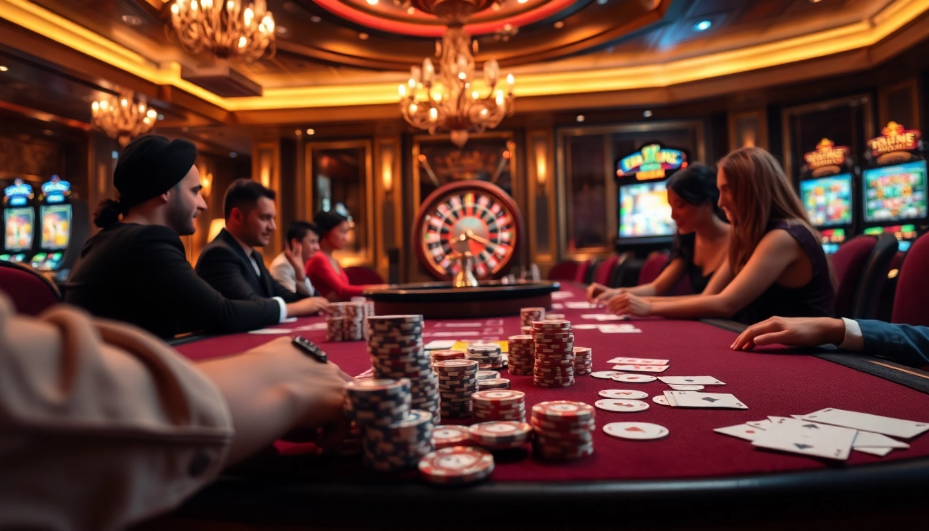 Experience the thrilling ZX88 GAME at a luxurious casino, featuring poker tables and vibrant slot machines.