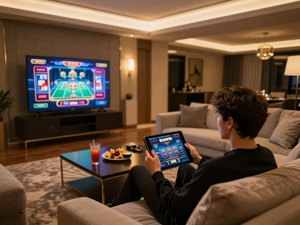 Engaging with the kuwin online casino on a cozy tablet gaming setup, vibrant casino games displayed