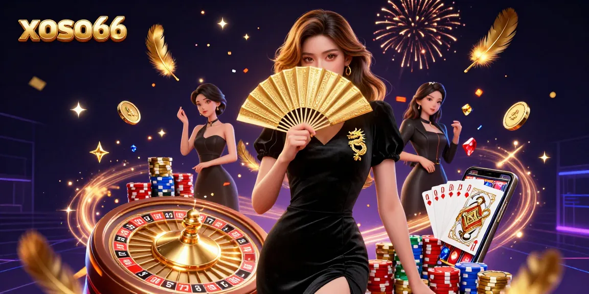 Xoso66 profile featuring the Asian woman showcasing elegance amidst a vibrant casino atmosphere.