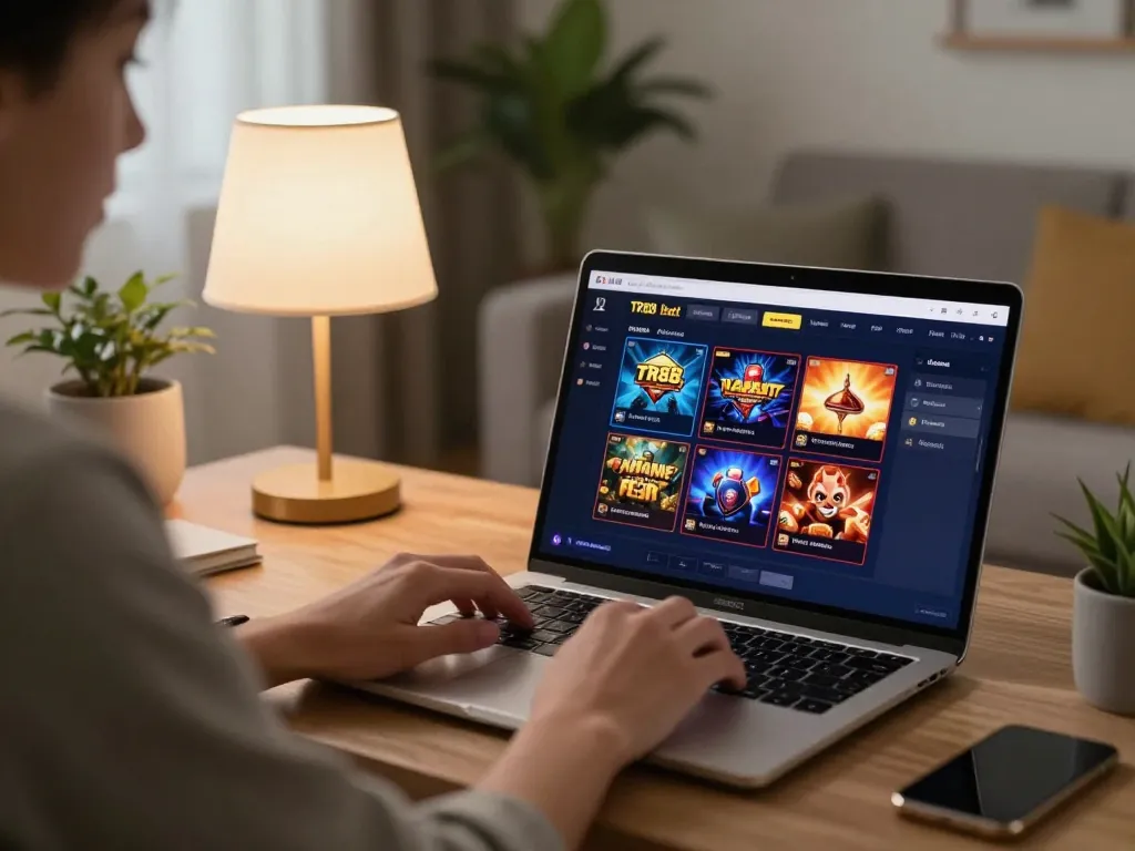 Playing TR88 bet online at home with a laptop, warm ambiance, strategic gaming environment.