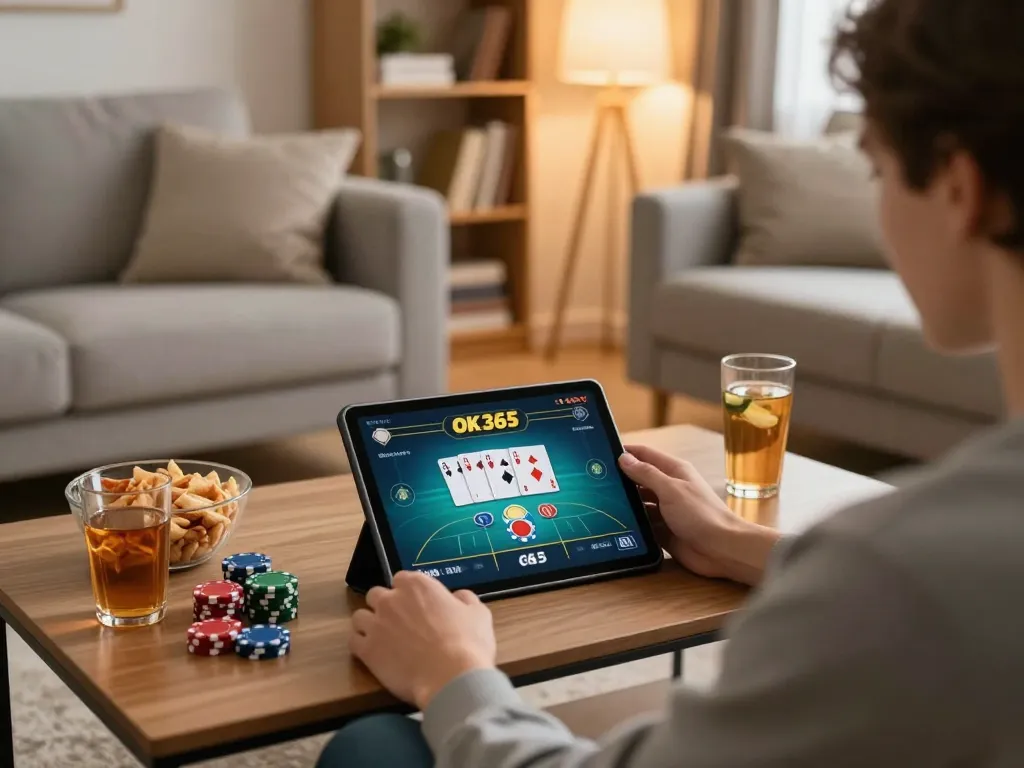 OK365 player engaging in an online poker game at home, showcasing excitement and strategy.