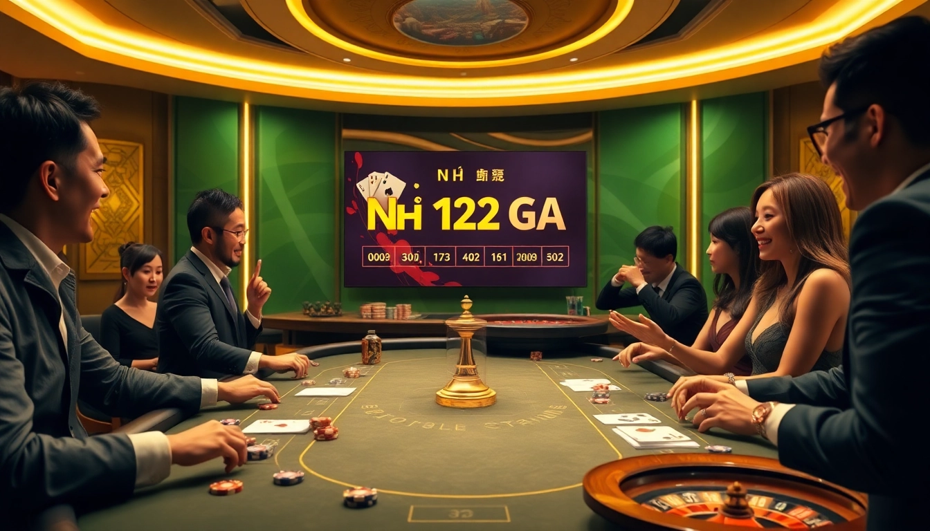 NỔ HŨ 123GA players celebrate wins at a luxurious casino table with chips and cards.