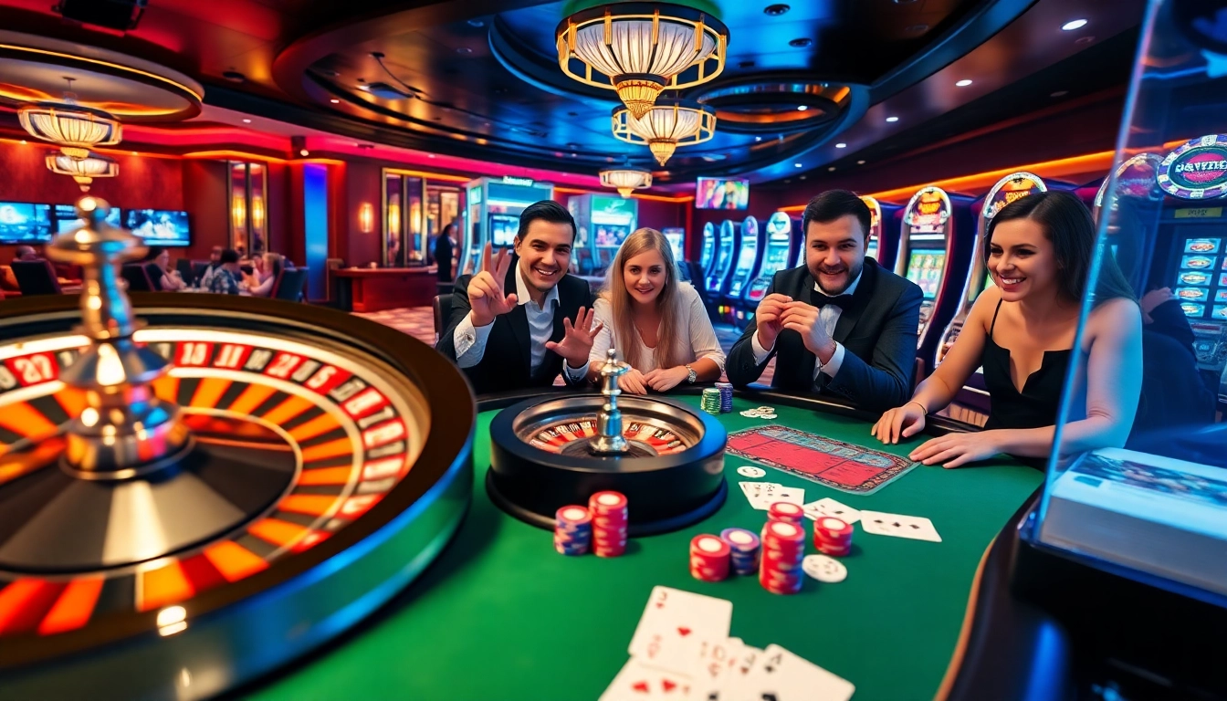Experience the vibrant energy of QQ88 Social in a casino scene filled with roulette wheels and poker games.