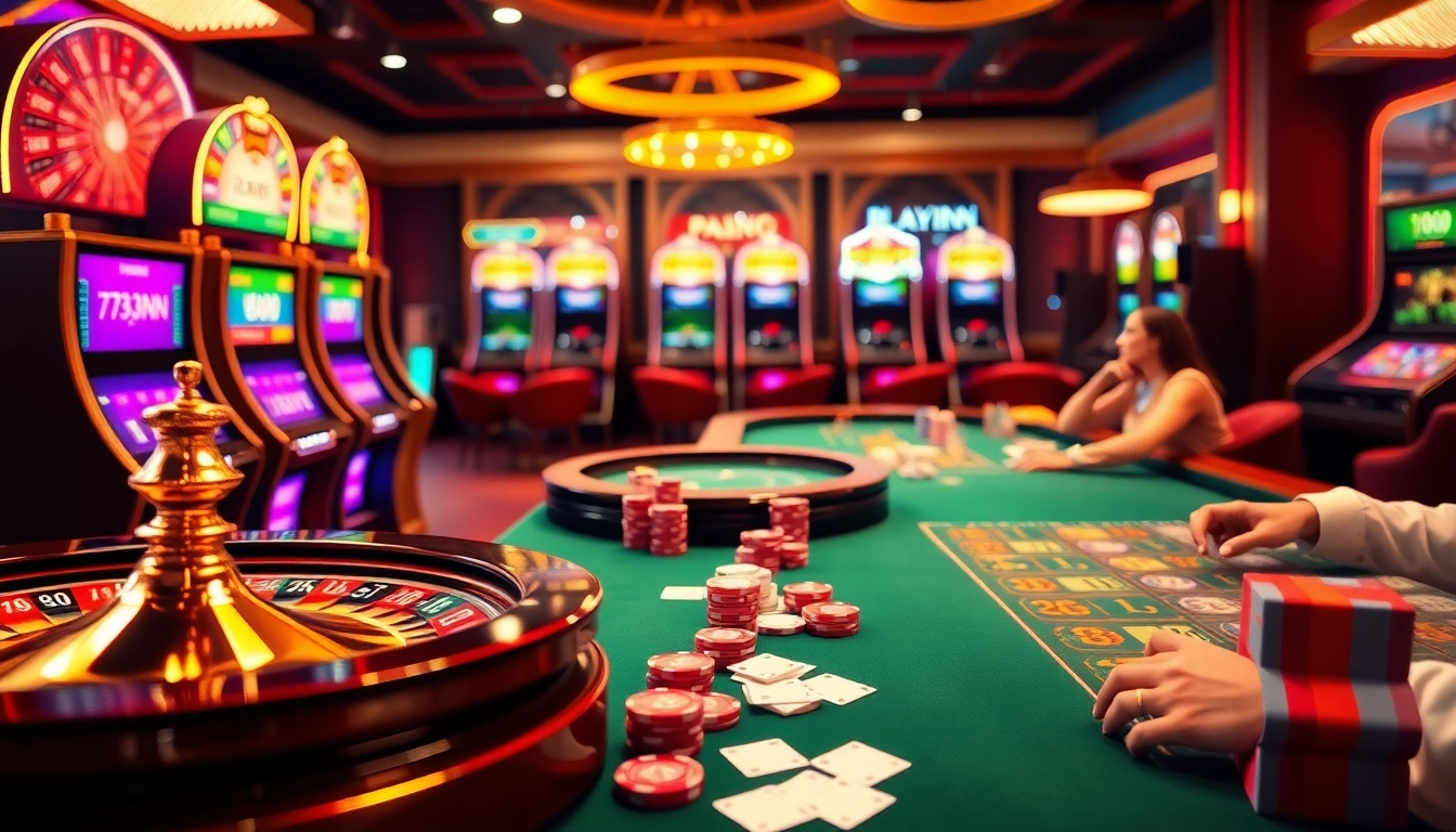 Exciting online gambling scene at 789winn featuring vibrant slot machines and poker table action.