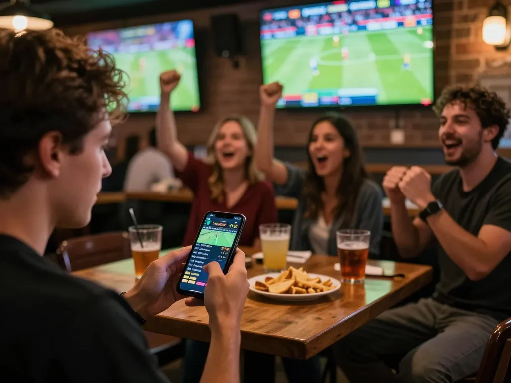 Engaged bettors on uu88 com reviewing odds at a lively sports bar during a match.