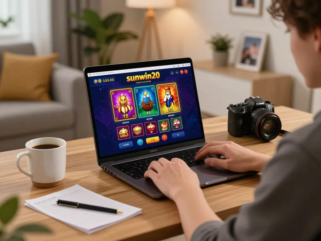 Engaging with the sunwin20 online casino on a laptop at home, relaxing and strategizing.