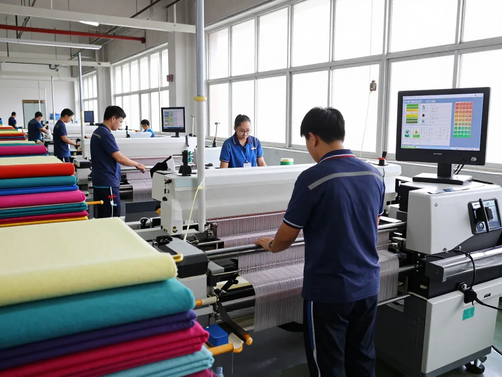 Sunwin textile workers expertly operating advanced machines in a vibrant, innovative factory environment