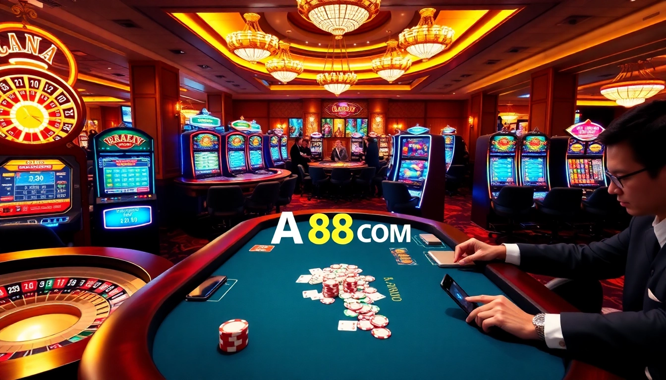 An engaging gambling scene featuring the AA88 COM logo with players at poker and roulette tables, showcasing luxury.