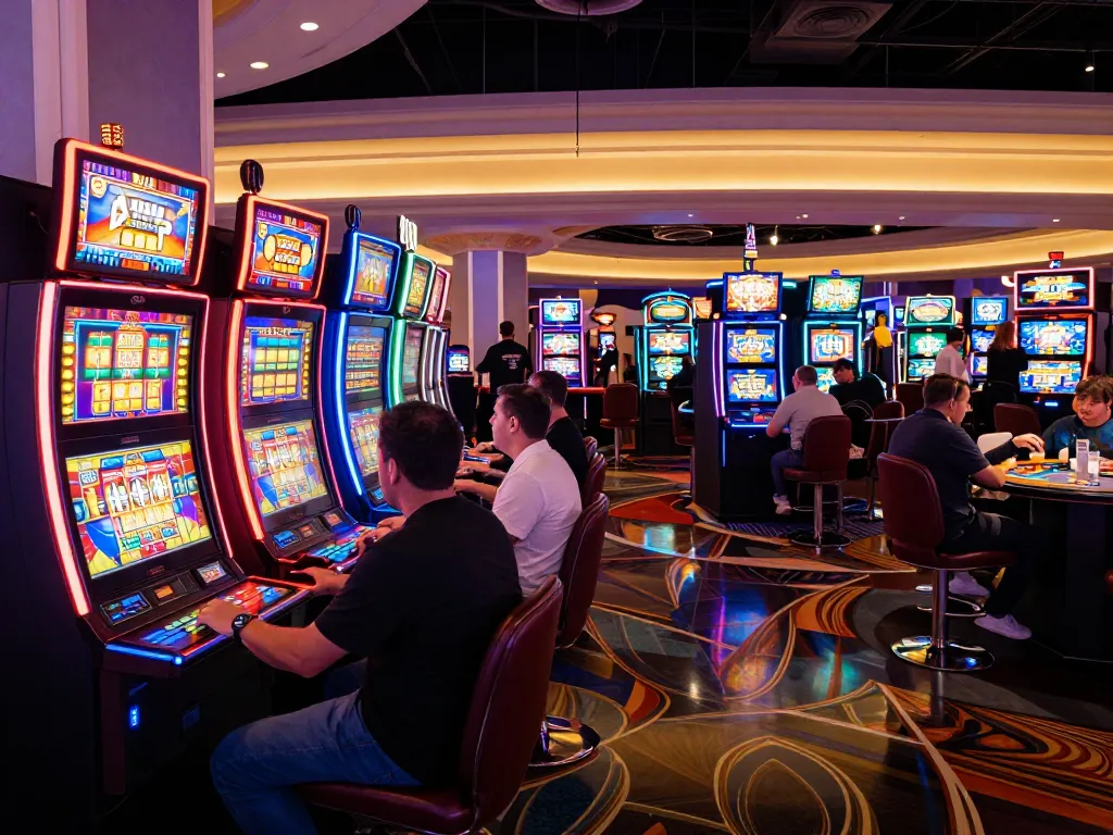 Excited players engaging with vibrant slot machines at fb88.com casino in Las Vegas atmosphere