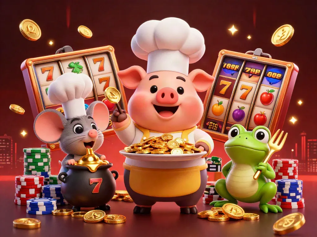Experience the thrill of 789F with a cartoon chef pig serving gold coins amid vibrant slot game symbols.
