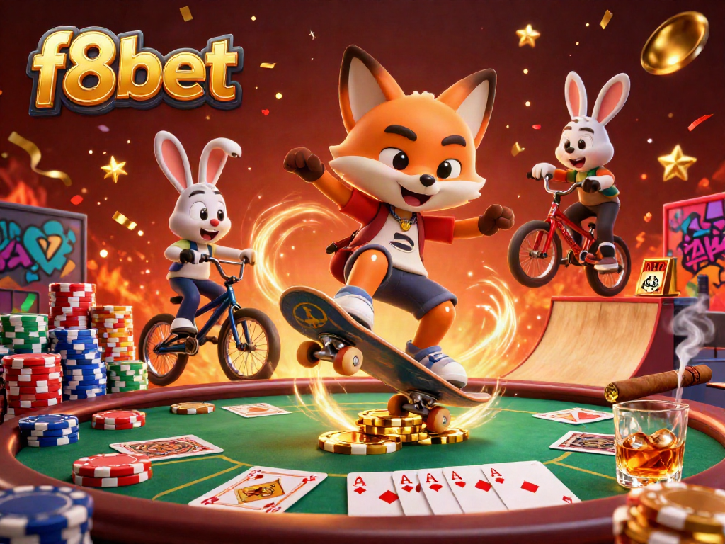 Experience the thrill of f8bet with vibrant casino-themed characters performing tricks amid a dynamic gambling scene.