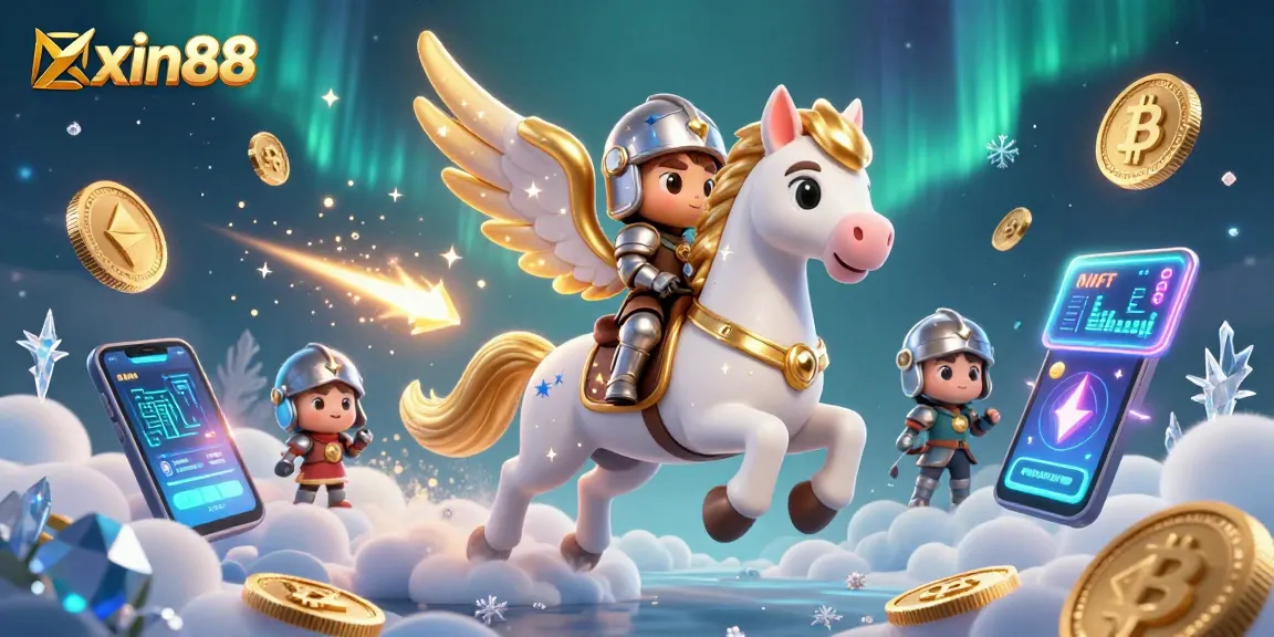 Experience the excitement of xin88 with a vibrant illustration of a knight riding a celestial horse amidst crypto coins.