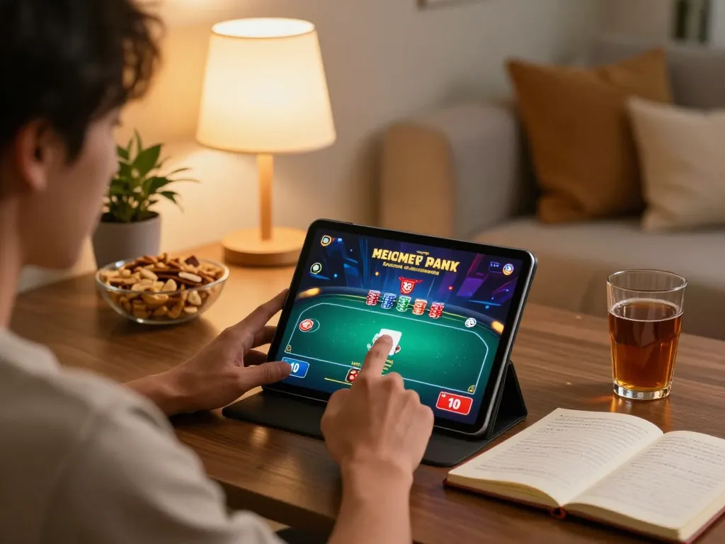 Player enjoying an online poker game on tablet with MM88, capturing strategic gameplay in a cozy setting.