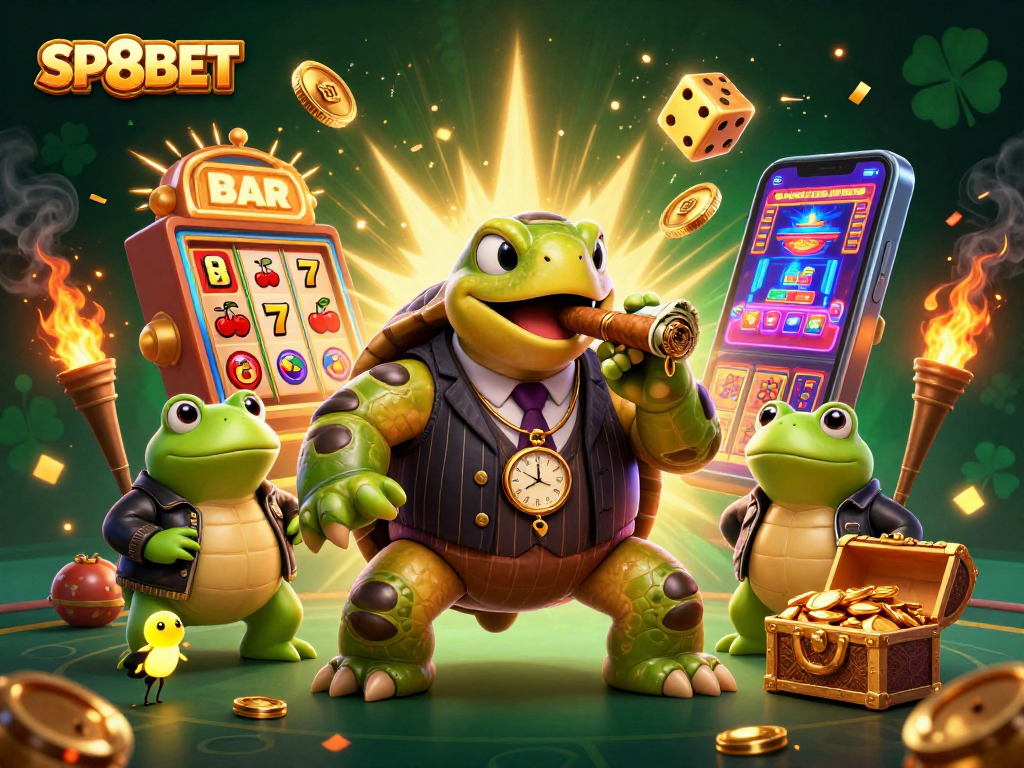Experience the thrill of winning at SP8BET with a vibrant casino illustration featuring lively characters and a jackpot scene.