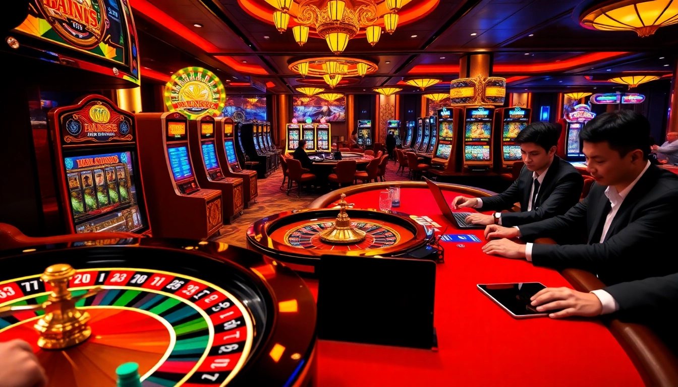 Engaging players at hm88 casino with vibrant slot machines and a spinning roulette wheel.