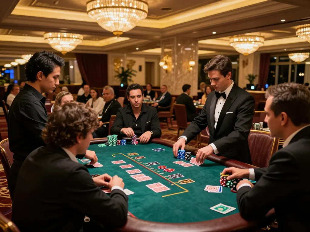 Kuwin1 players engaged in an intense game of blackjack at a luxurious casino.