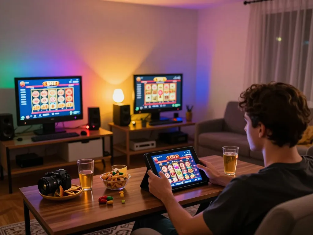 Player enjoying ph22 casino app on tablet with engaging slot game at home, cozy atmosphere.