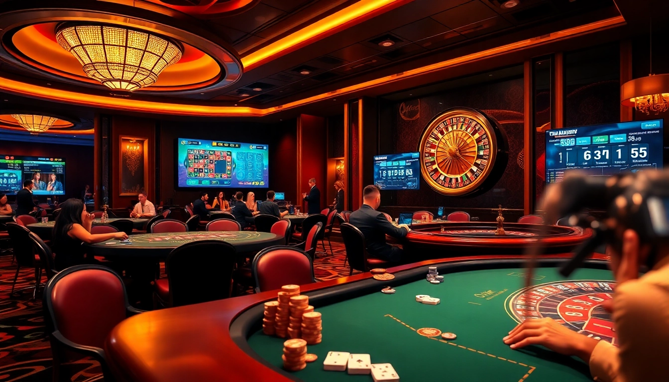 Go88 gaming scene with luxurious casino tables and players celebrating wins at poker.