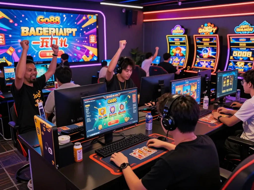 Exciting gaming scene at go-88.us.com with players enjoying diverse online games and celebrating wins together.