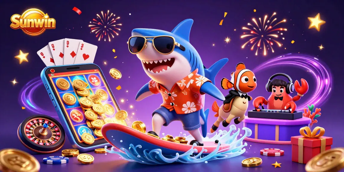 Sunwin engages players with a vibrant scene featuring characters gaming with slots and golden coins.