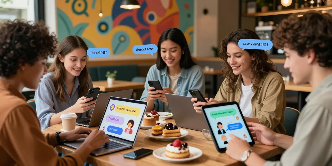 Friends interacting in a café, showcasing free AI sex chat on devices in a vibrant atmosphere.