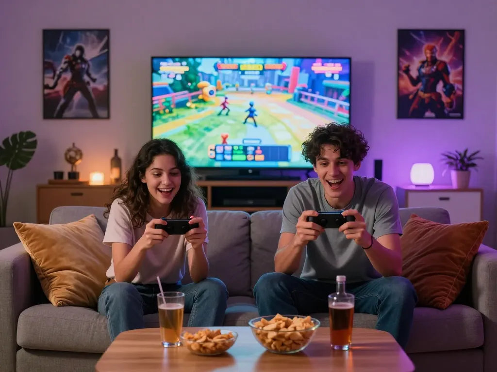 Pleasant evening scene of a couple playing porn games together in a cozy living room.