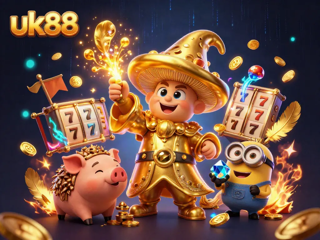 uk88 engages players with golden slot reels and magical treasures in a vibrant casino scene.