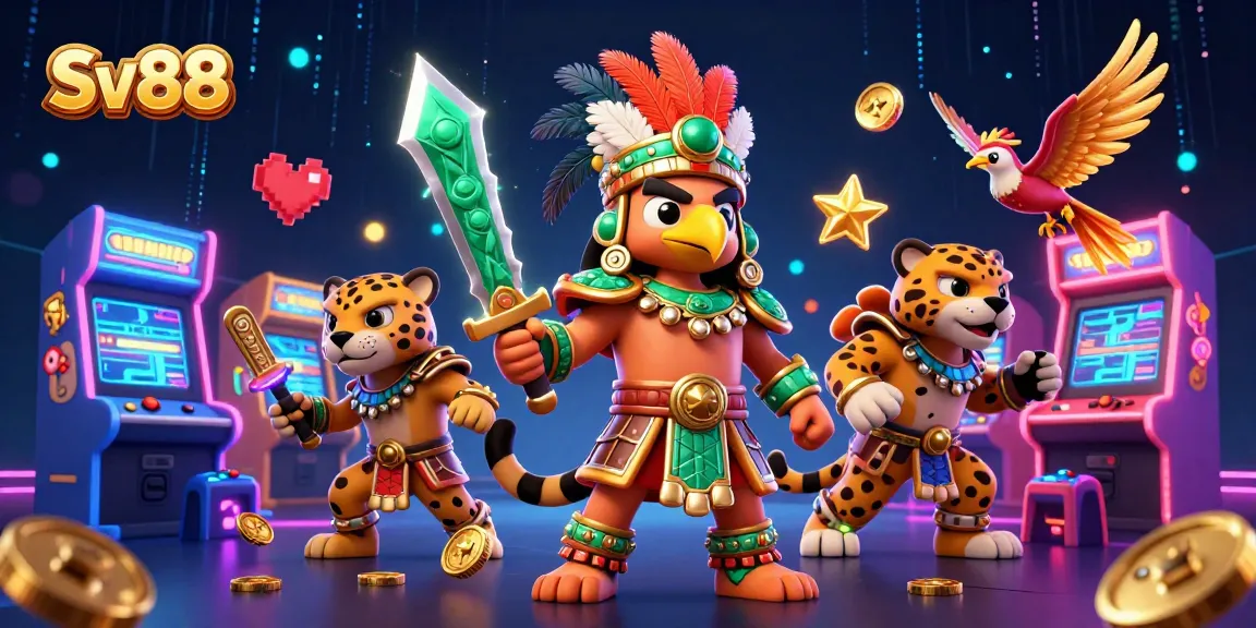 Engage in thrilling gameplay at Sv88, featuring 3D Aztec warriors and vibrant casino elements.