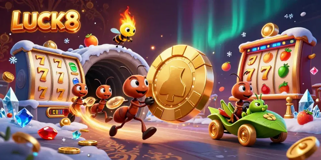 LUCK8 delivers thrilling jackpot action with a heist of giant golden chips and vibrant slot elements.