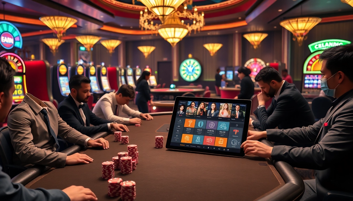 Engaging scene at QQ88z.net with players at a poker table, vibrant slots, and roulette.