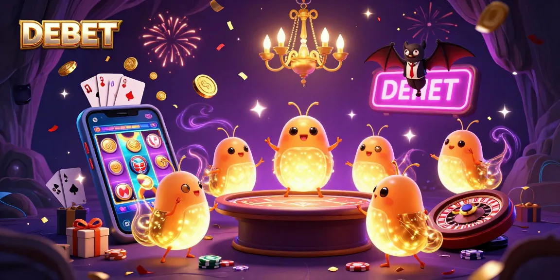 DEBET showcases vibrant glowworms in a cave casino, creating a lively atmosphere with dazzling gaming elements.